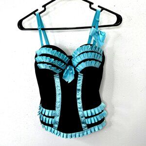 Vintage Y2K 90s Morbid Threads Corset Top 32A Blue Black Ruffle Satin Ribbons
